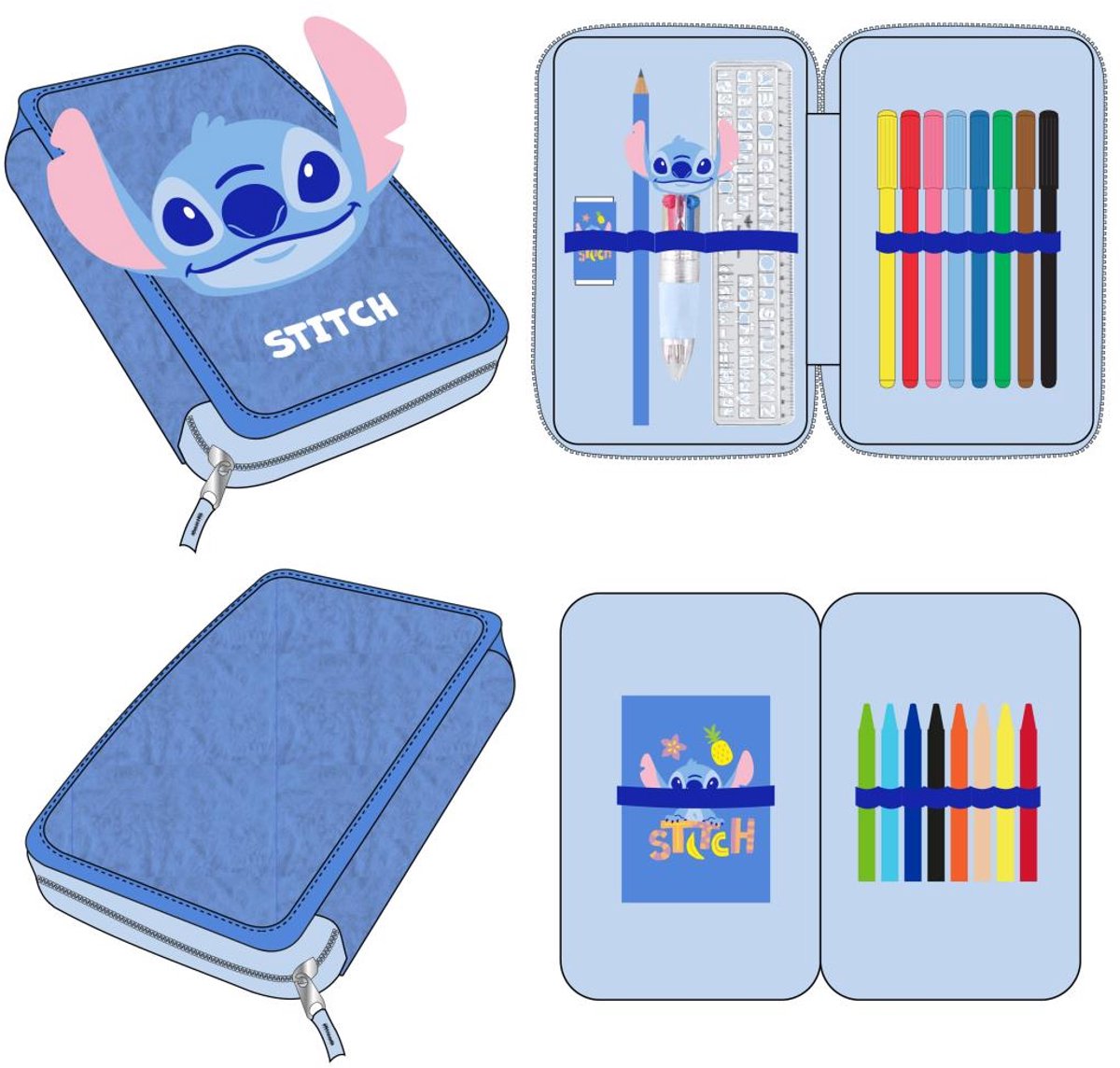 Disney Stitch Gevulde Etui - 1 Vaks Schooletui met Kleurpotloden, Stiften en Schoolspullen - Blauw