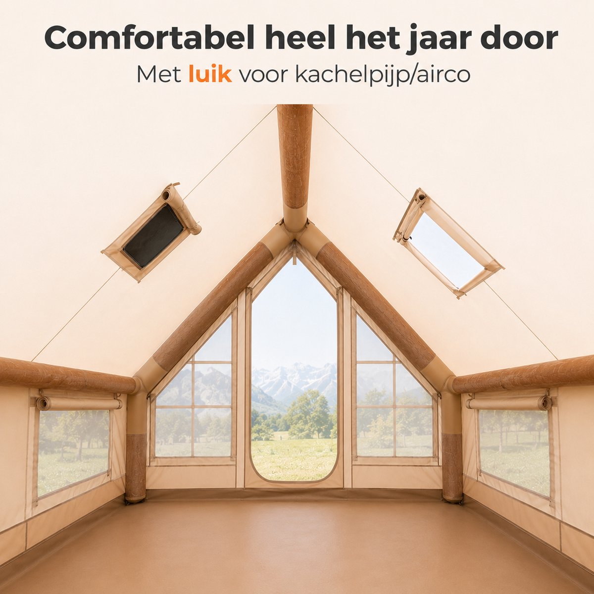 Lenx Opblaasbare Tent 2 tot 4 Personen - 300x210x200 cm - Air Tent - Glamping Tent - Waterdicht - Beige - Inclusief Grondzeil 4x5 m - 420d Oxford Stof – foto 5