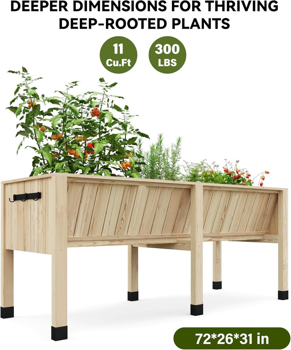 Houten verhoogde plantenbak - 183 x 66 x 79 cm - Verhoogde plantenbak met gereedschapshaken - Rechthoekige plantenbak voor groenten, kruiden en bloemen - Houtkleur