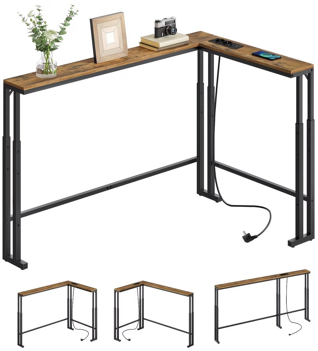 Smalle consoletafel 200 cm, in hoogte verstelbaar, L-vormig, met oplaadstation, achter de bank -retro bruin.