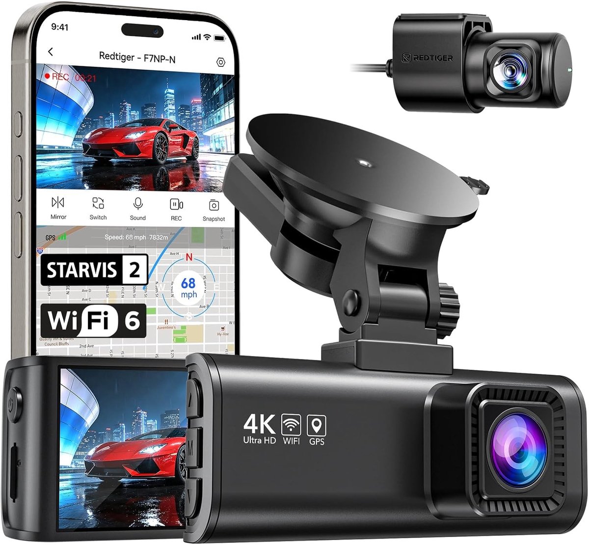 Dashcam voor Auto - Dual Camera - 4K Video en 1080P Achter - Met GPS en Nachtzicht - Voor Veiligheid op de Weg