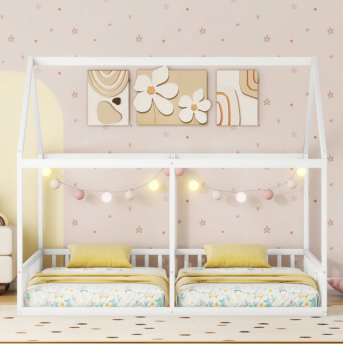 MEUNIQ 2-in-1 huisbed 204 x 187 cm met 2 slaapplaatsen 90 x 200 cm, veiligheidshekken en middenhek, kinderbed bedframe voor kinderkamer, wit