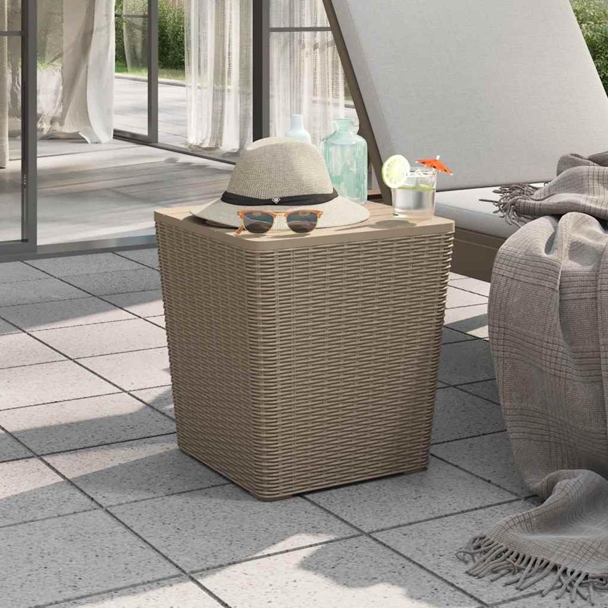 Tuintafel Rotan-look - Buitentafel Opbergvak - Terras Genieten - Afneembaar Tafelblad - 38.5 x 38.5 cm - Bruin