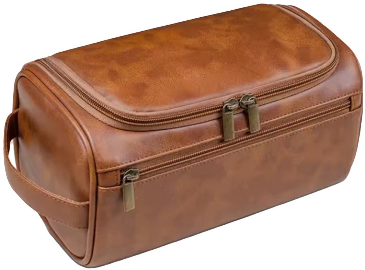 Sjoer Toilettas dames en heren - Toilettas mannen PU leder - Ophangbaar - Toiletzak Heren - 4.5L - Travel Organizer Heren - Hangbaar met Haak - Cognac