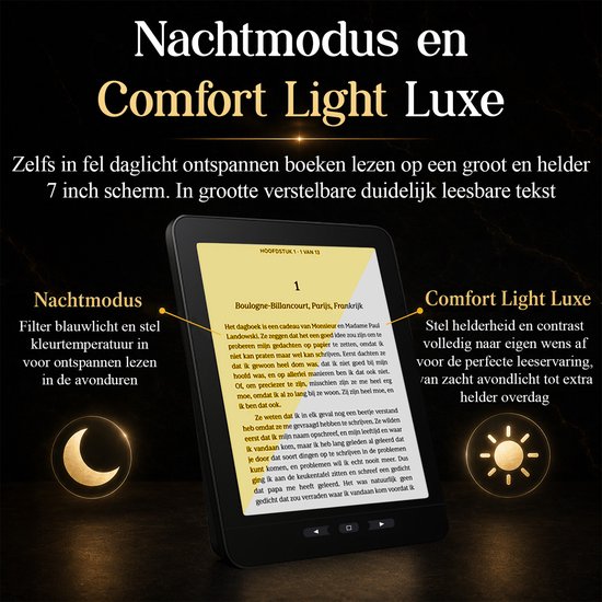 De SwayTosh Nova Smart e-reader toont de nachtmodus en comfort light luxe functies, met tekst die de voordelen uitlegt.