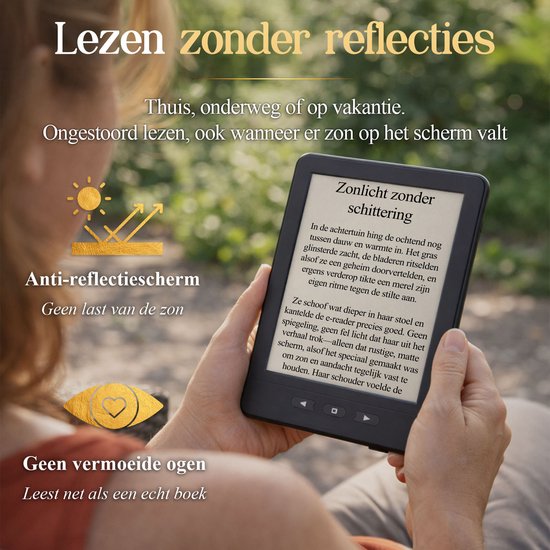 Een vrouw leest de SwayTosh Nova Smart e-reader in fel zonlicht, met anti-reflectiescherm en comfort light luxe.