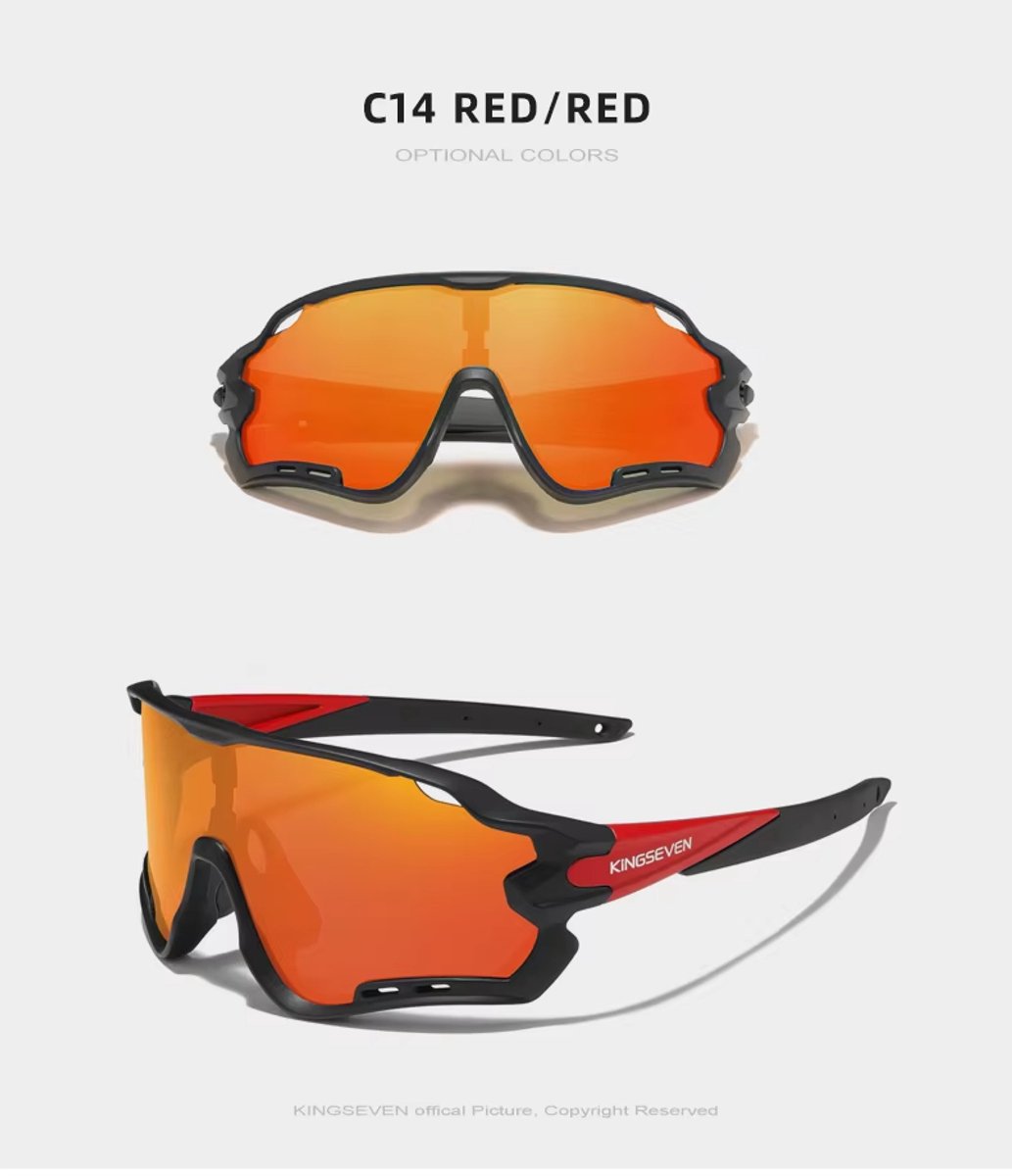 Kingseven Pro Wielren Zonnebril UV400 – Rood Spiegelglas – Zwart Frame – 911