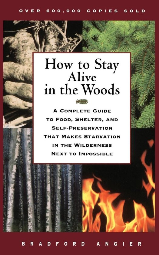 Boek 'How to Stay Alive in the Woods' met collages van wortels, dennentakken, berkenbomen en vuur. Meer dan 600.000 exemplaren verkocht.