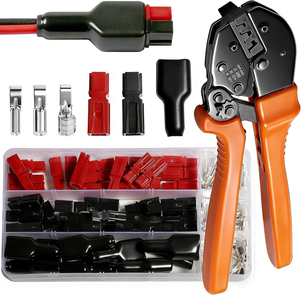 Stekkerset met krimptang - Contact connectoren - Batterijverbindingen maken - Ratelmechanisme voor gelijkmatige druk - 110-delig - Rood Zwart
