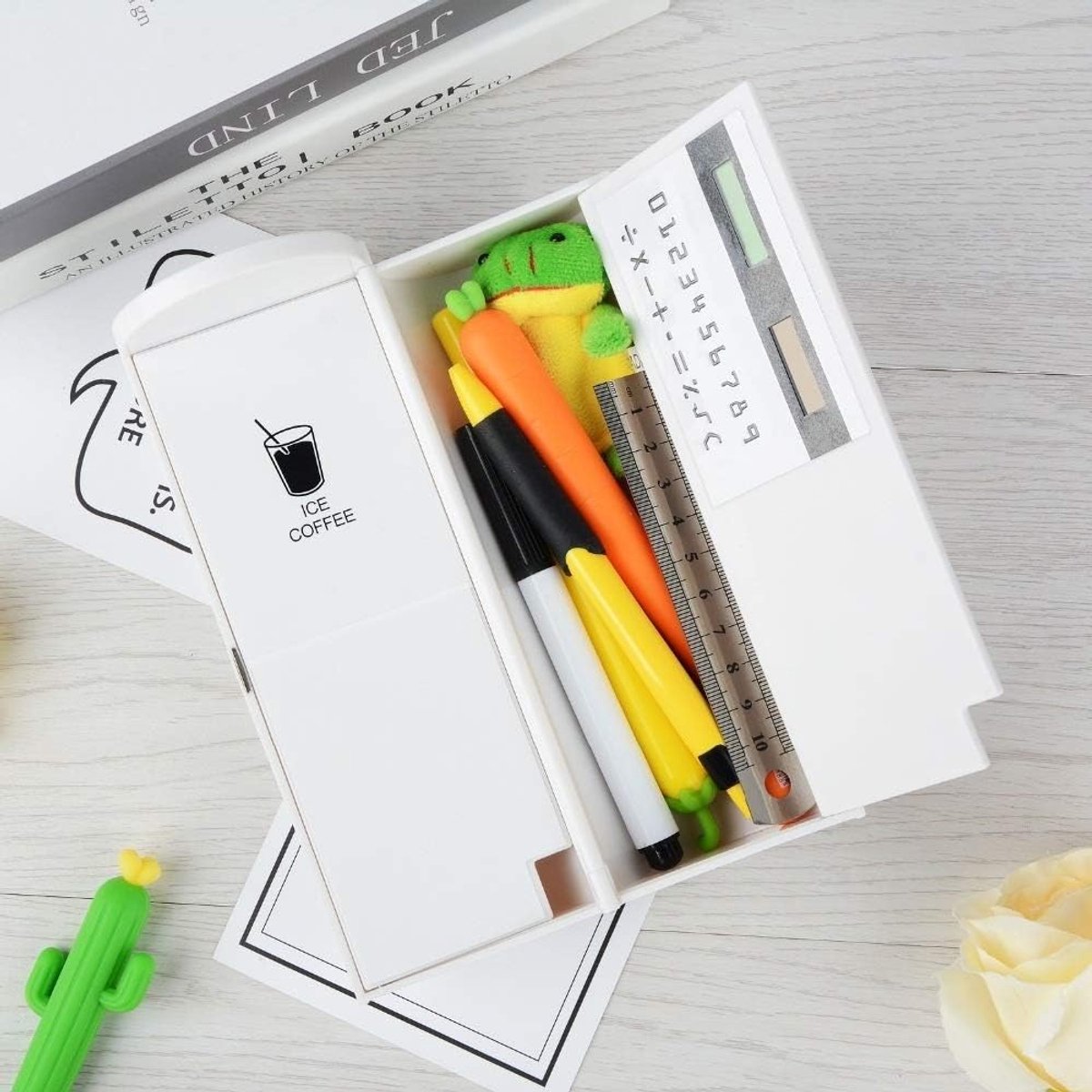 Potlood Box - Etui Pennenhouder - School Organisatie - Met Spiegel Calculator - Grote Capaciteit - Geel
