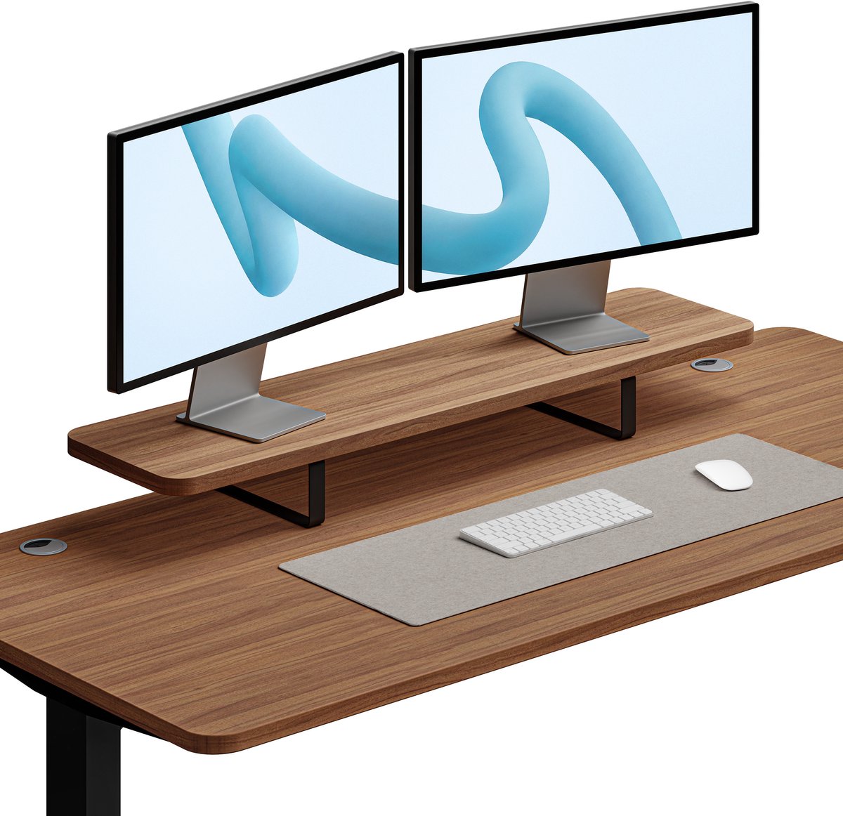 Desktronic Monitorstandaard 2 Schermen Zwart/Walnoot - Monitor Verhoger Hout - 114 x 28 cm