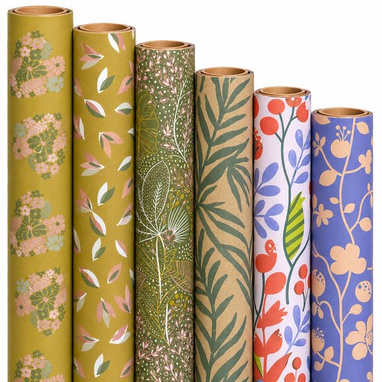 Cadeaupapier Set – Botanical Garden Collection (6 Stuks) – 200×70 cm – Olijfgroen, Kraft, Lila & Natuurtinten – Bloemen, Bladeren & Botanische Prints – Inpakpapier