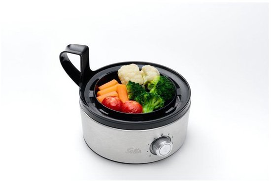 Zilverkleurige Solis eierkoker met gestoomde groenten (broccoli, bloemkool, wortel, tomaat), met draaiknop.
