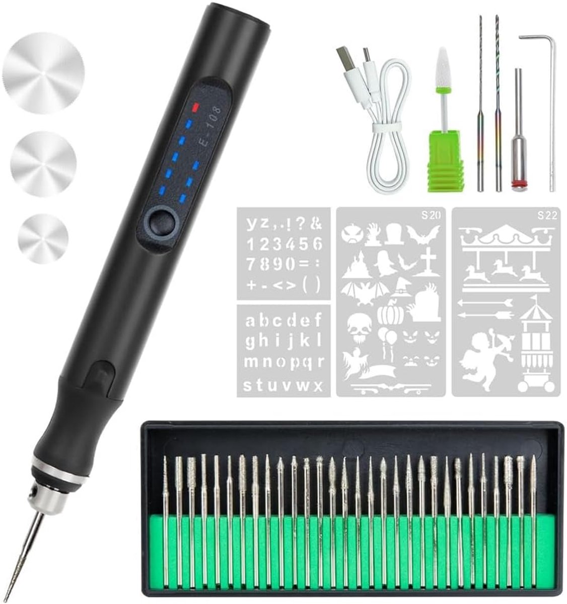 Elektrische graveerpen - Mini roterend gereedschap - Hobby projecten maken - Draadloos en oplaadbaar - 36 bits inbegrepen - Donkergrijs
