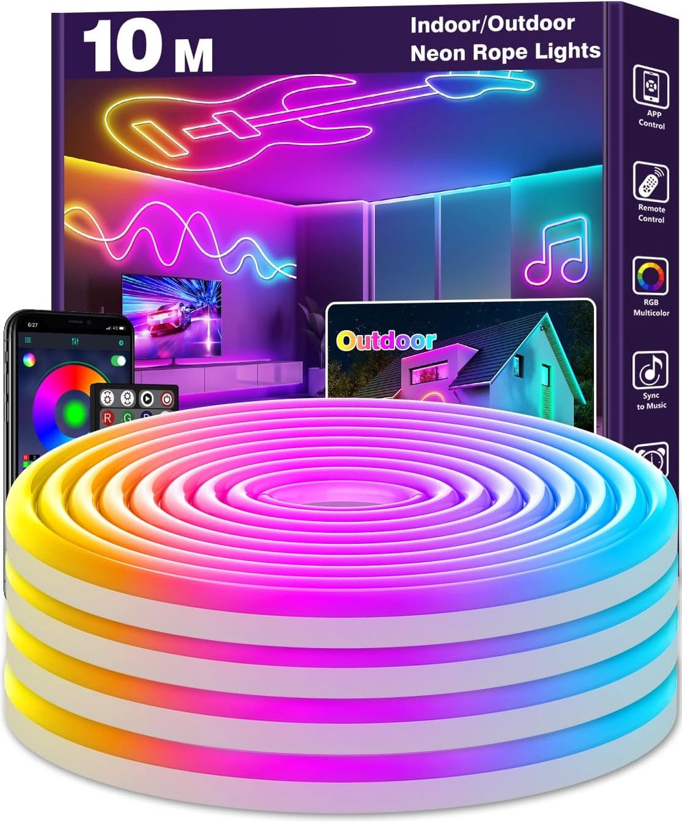Lzwintrading - Neon Led Strip 10 Meter - Ledstrip Met Afstandsbediening en APP - RGB Neon Verlichting - IP65 Waterdicht - Smart LED Strip - Muziek Sync - Neon Touw lichten Buiten en Binnen - Flexibele LED Neon Licht Voor Slaapkamer, Gamen, Muur