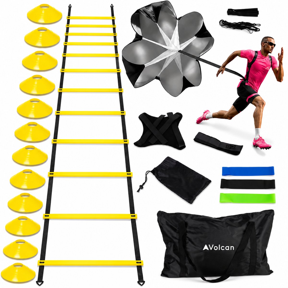 Voetbal Spullen - Trainingsmateriaal - Trainingshoedjes - Pionnen - Speedladder - Kegels - Weerstandsbanden - Weerstandsparachute - Baltrainer - Volcan Draagtas