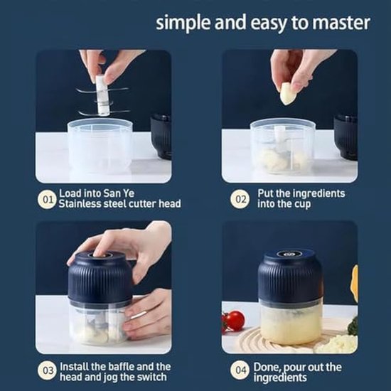 Elektrische hakker - Mini keukenmachine - Snel ingrediënten snijden - Draadloos en USB-oplaadbaar - 300ml capaciteit - Blauw — afbeelding 4