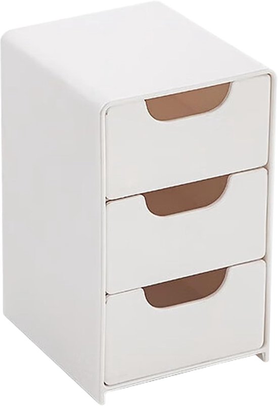 Boîte de rangement blanche avec trois tiroirs marron, 13x8x9 cm.