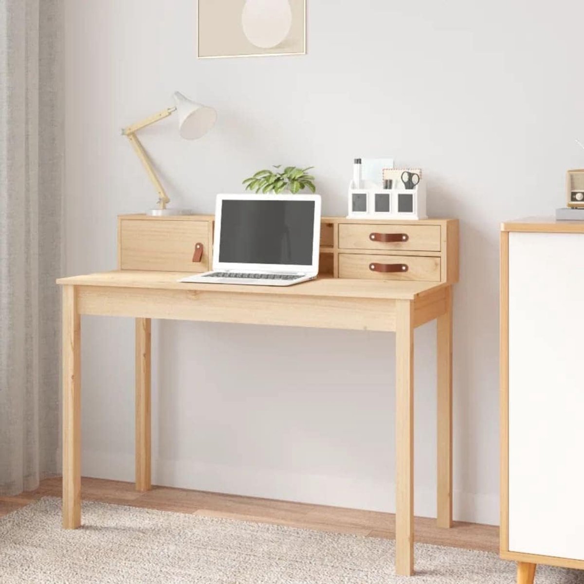 Bureau met Opbergruimte - Werktafel Hout - Thuiswerken Organiseren - Massief Grenenhout - 110 x 50 x 93 cm - Naturel