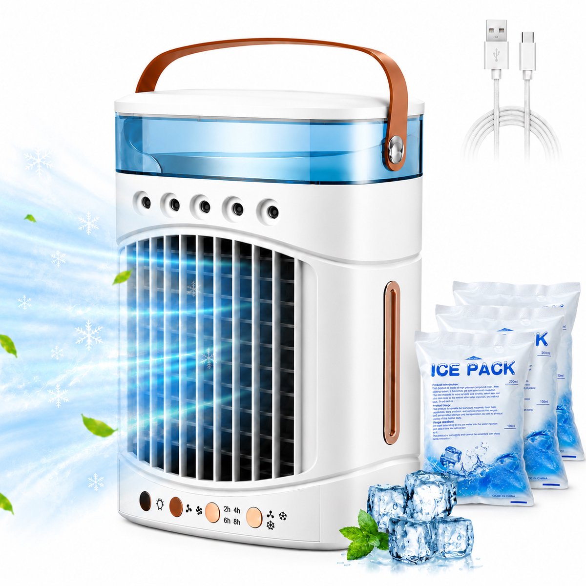 Mini Airco 4-in-1 – Draagbare Mobiele Luchtkoeler met Luchtbevochtiger – 5 Vernevelaars, 3 Nevelstanden, 2 Snelheden, Timer & LED – USB Bureauventilator Zonder Afvoerslang – Wit