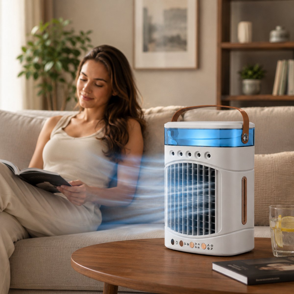 Mini Airco 4-in-1 – Draagbare Mobiele Luchtkoeler met Luchtbevochtiger – 5 Vernevelaars, 3 Nevelstanden, 2 Snelheden, Timer & LED – USB Bureauventilator Zonder Afvoerslang – Wit – foto 7