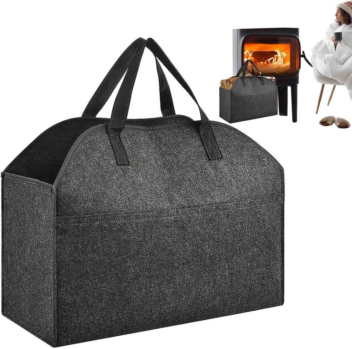 Houten mand - Opbergtas - Haardhout opslag - Robuuste handgrepen - 56 x 25 x 43 cm - Grijs