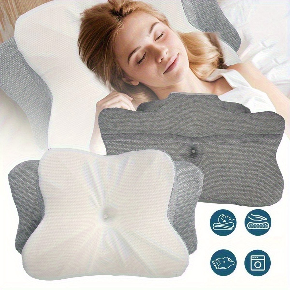 Vlinderkussen Van Traagschuim Met 2 Hoogtes - 15° Ergonomische Contour - Gecertificeerd Hoogwaardig Veerkrachtig Schuim Wasbare Hoes - Ontspanning Voor Nek Hoofd En Schouders