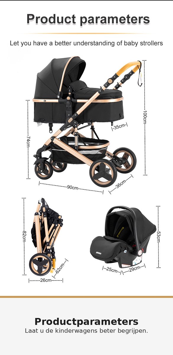 Luxe Kinderwagen 3-in-1 – Opvouwbare Baby Kinderwagen – Hoge Kinderwagen voor Pasgeboren Baby’s – Reiswieg en Wandelwagen – Draagbaar en Compact thumbnail 2