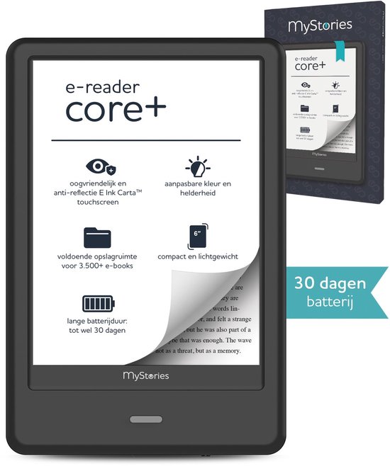 MyStories E-reader Core+ - 6 inch E Ink Touchscreen - Opslag voor 3.500 ebooks - Schermverlichting - E-book reader - Zwart - Niet compatibel met Kobo Plus