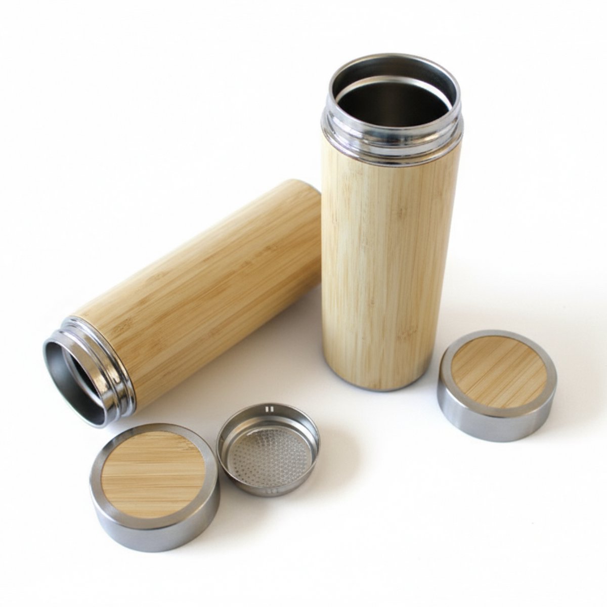 10 stuks Bamboe & RVS Thermosfles – 450ml Dubbelwandige Flask - Duurzame thermofles voor thee, koffie - Bamboo and Steel flask - Bedankt Collega Cadeau — cadeau in Cadeau-ideeën - foto 3