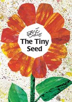 Boekcover met een grote oranje bloem met de tekst 'ERIC CARLE The Tiny Seed'.