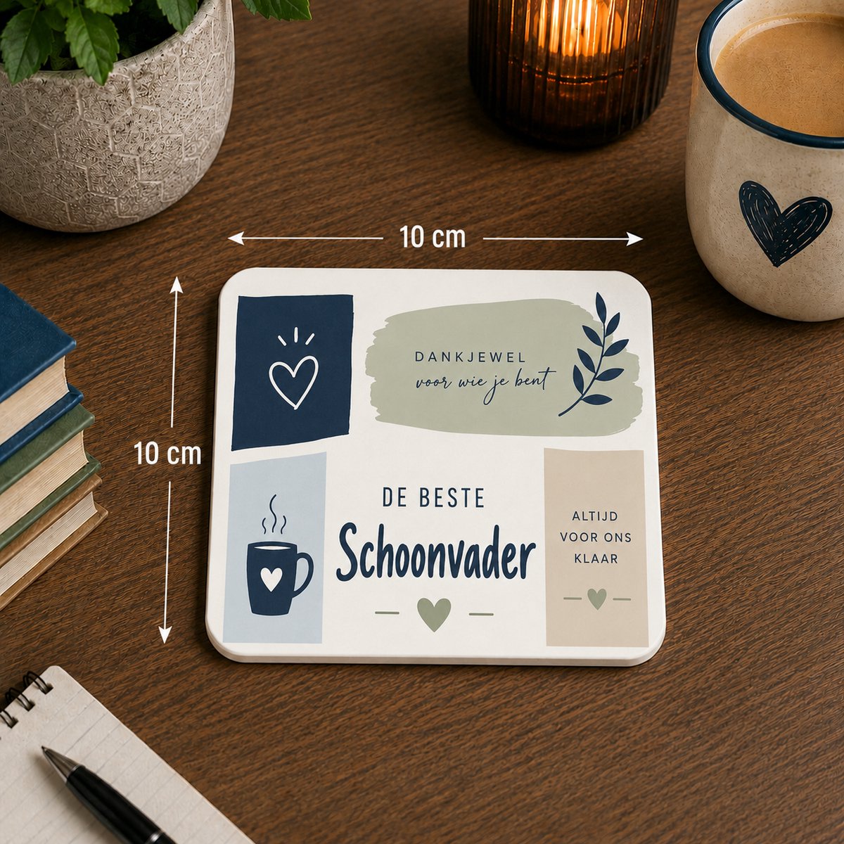 Onderzetter De Beste Schoonvader – 10 x 10 cm – Cadeau voor Schoonvader – Vierkante Onderzetter met Lief Design