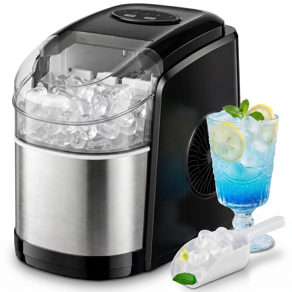 TEKROA® Ijsblokjesmachine Zelfreinigend - Draagbare IJsblokjesmaker 12kg/24u - 9 Blokjes in 6-12 Min - RVS & PP - Zwart
