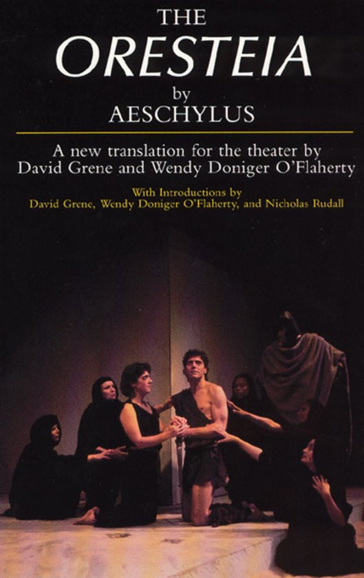 Boekomslag van "The Oresteia" door Aeschylus, met een toneelopvoering van vijf personen.