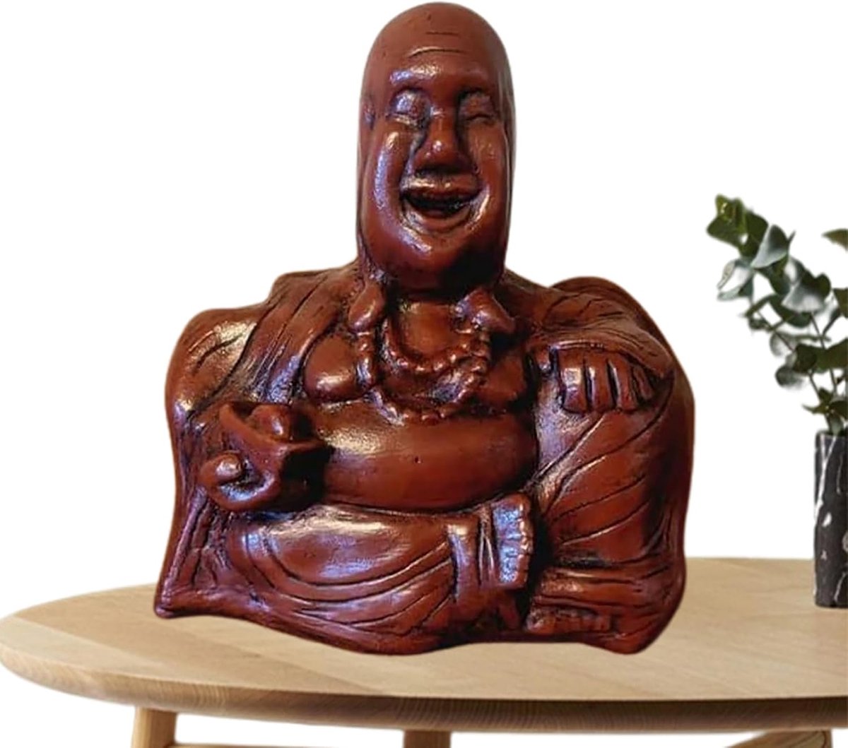 Lachende Boeddha Figuur - Boeddhabeeld Decoratie - Geluk Brengen - Grappig Achterkant Design - 11 cm - Bruin