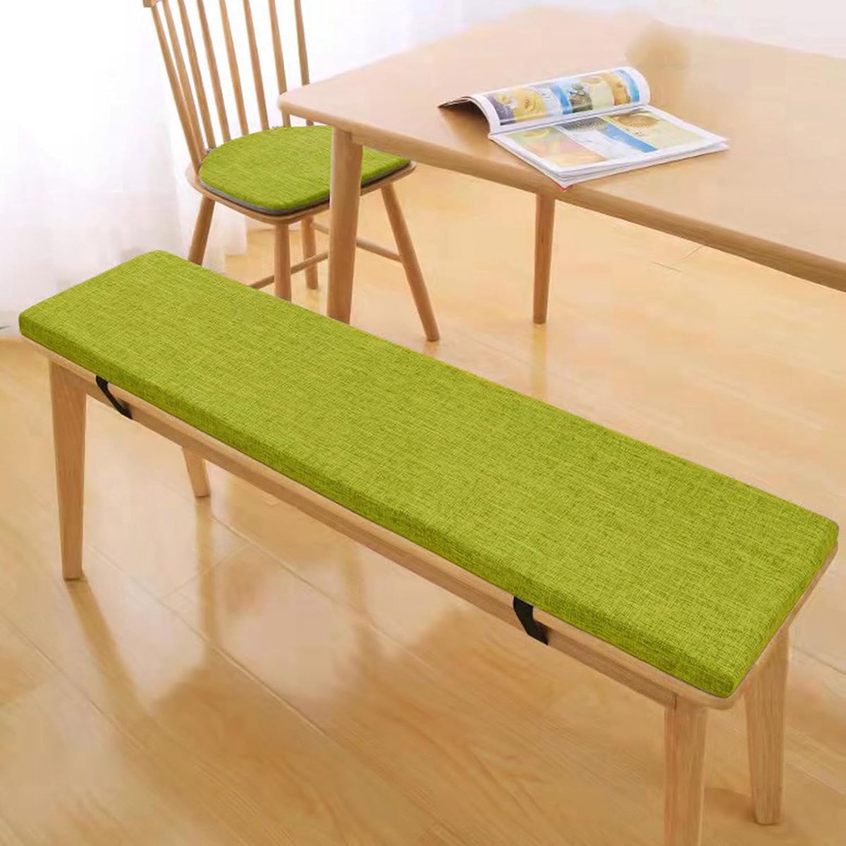 Bankkussen Linnen - Zitkussen Tuinbank - Comfortabel Zitten - Antislip Bodem - 140x40x5 cm - Gras Groen
