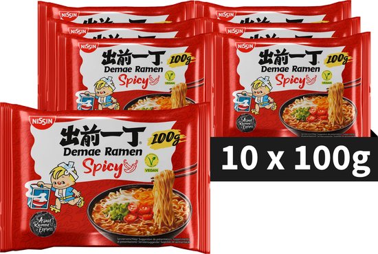 Vijf verpakkingen Nissin Demae Ramen Spicy en een grote verpakking 10 x 100g.