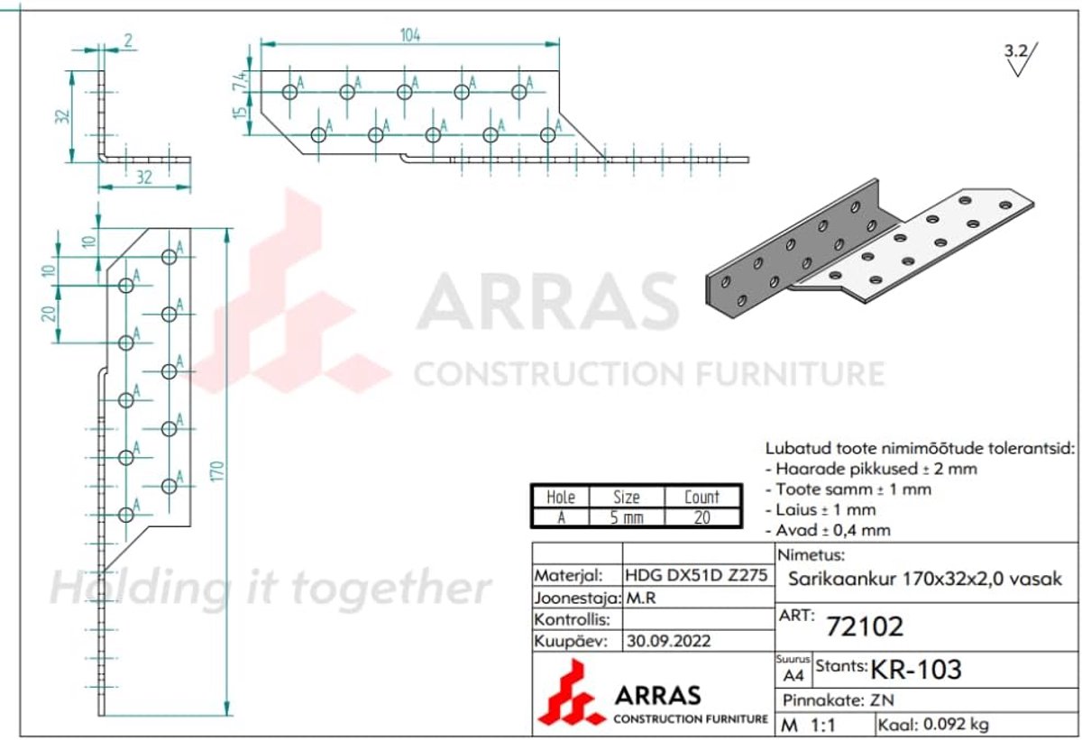 Sparrenanker Balkverbinder - Houtverbinder Hoekanker - Houtbouw Versterken - Roestvrij Stalen Uitvoering - 170 x 40 x 2 mm - Metallic