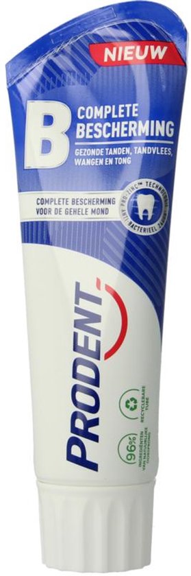 Witte tandpastatube met blauw en rood accent, PRO-ZINC TECHNOLOGIE, anti-bacterieel, 96% natuurlijke ingrediënten.