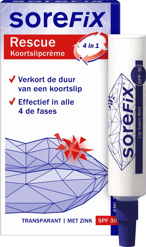 Doosje SoreFix Rescue koortslipcrème en tube. De tube is 6ml, transparant met zink en SPF 30.
