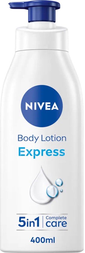 Witte NIVEA bodylotion fles met blauwe dop en label, met 'Express' en druppel-illustratie.