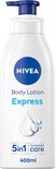 Witte NIVEA bodylotion fles met blauwe dop en label, met 'Express' en druppel-illustratie.