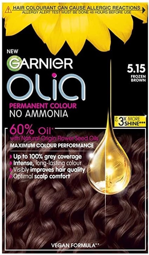 Emballage de coloration permanente Garnier Olia, couleur 5.15 Brun Givré. Montre un pot d'huile et une mèche de cheveux de couleur brune.