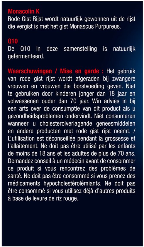 Achterkant van de verpakking Lucovitaal Rode Gist Rijst met informatie over Monacolin K en Q10.