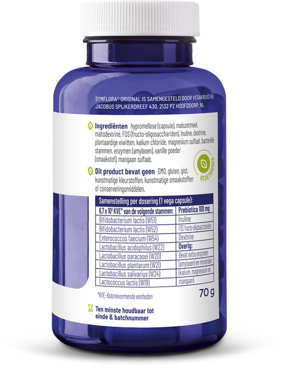 Donkerblauwe pot met 90 vega capsules, met label van ingrediënten, samenstelling en vegetarisch keurmerk.