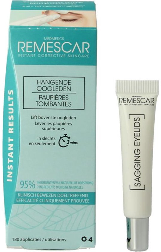 Verpakking en tube Remescar Sagging Eyelids. "Hangende Oogleden", "Paupières Tombantes".