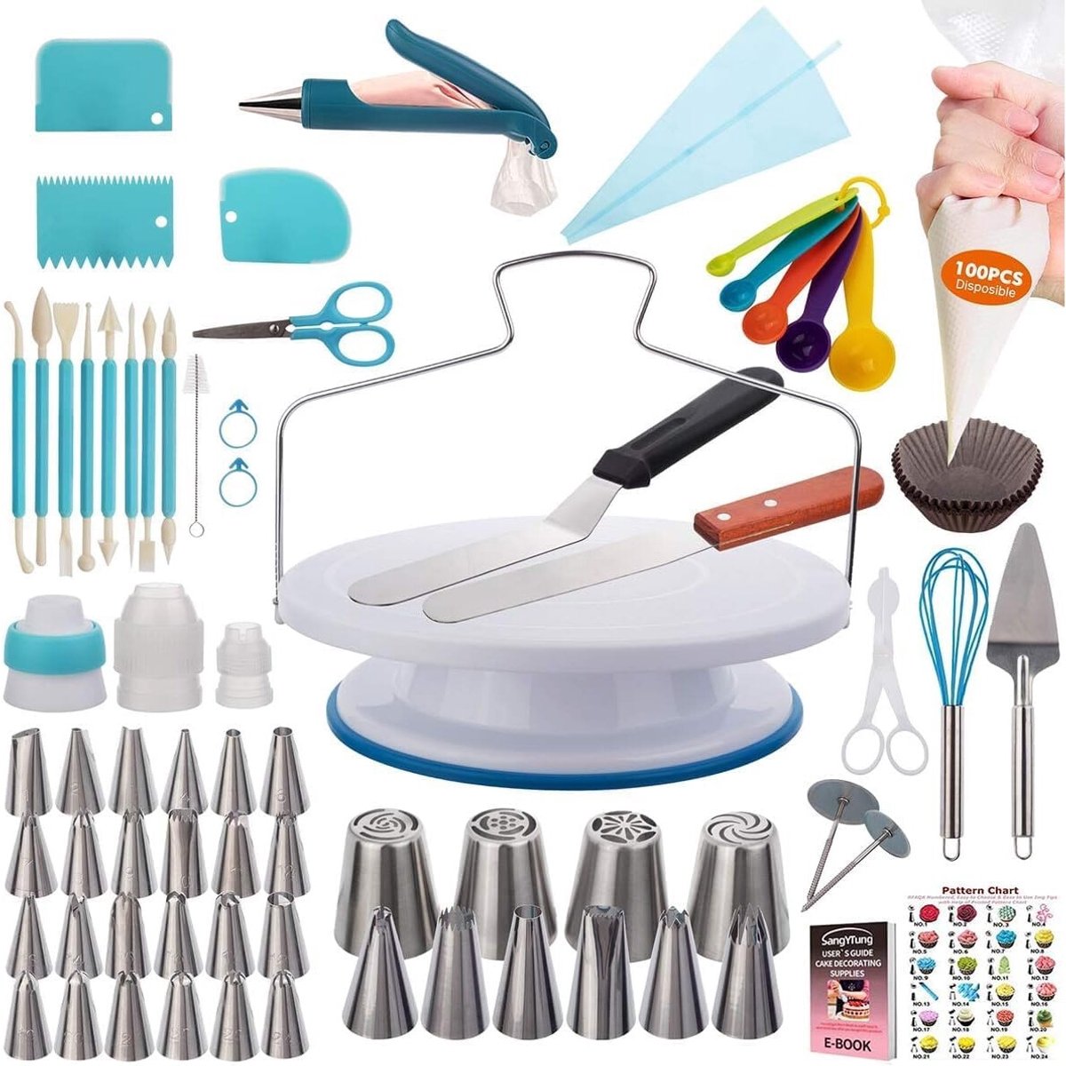 Taart decoratie set - TENZHVXI® - 207-delig (inclusief 100 spuitzakken) - Draaiplateau, spuitmondjes en uitsteker - Decoratie voor gebak/confectie