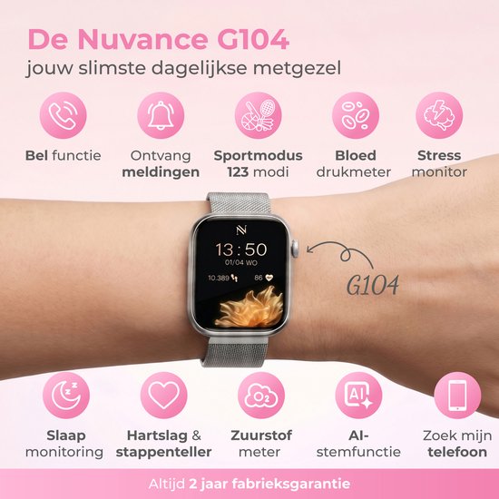 Nuvance Smartwatch Dames - Smartwatch Heren - Stappenteller Horloge Dames - Hartslagmeter - Sporthorloge - Geschikt voor iOS/Android - Incl. 5 Bandjes - Zilver