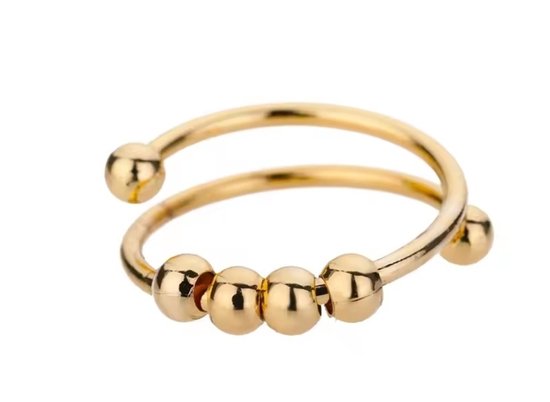 Gouden ring met 4 draaibare kralen en gouden bolletjes aan de uiteinden.