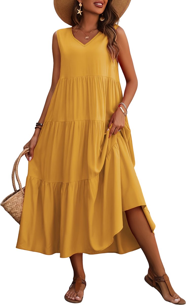 Currero Zomerjurk Dames Zomerjurken Volwassenen Vrouwen Midi Jurk Ibiza Stijl Sundress Dress XL Kurkuma